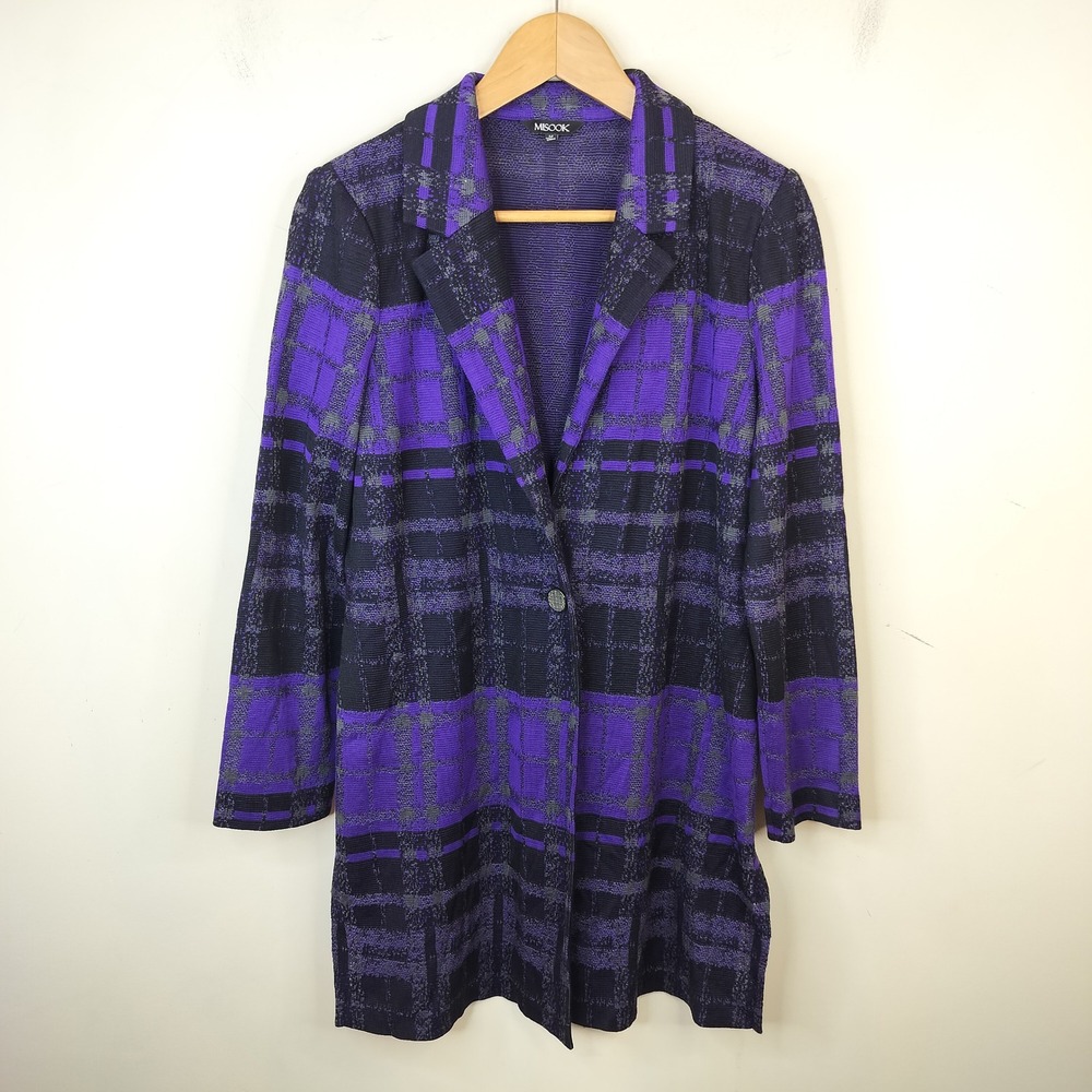 Misook Knit Jacket Medium Purple Black Plaid Longline One Button Career